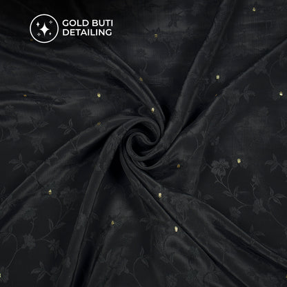 Plain Black Golden Booti Floral Jacquard Work Bemberg Silk Fabric
