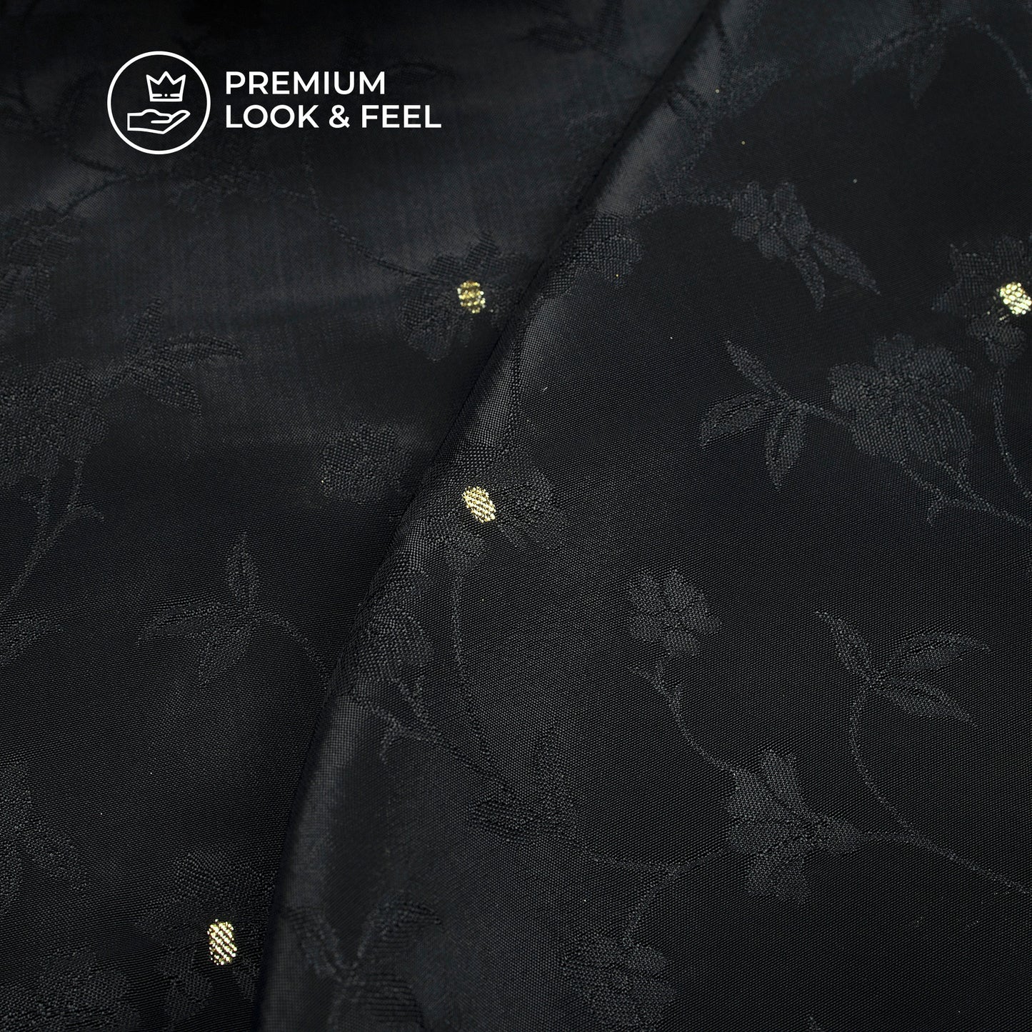 Plain Black Golden Booti Floral Jacquard Work Bemberg Silk Fabric