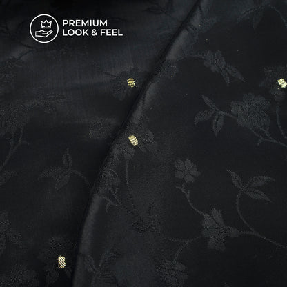 Plain Black Golden Booti Floral Jacquard Work Bemberg Silk Fabric