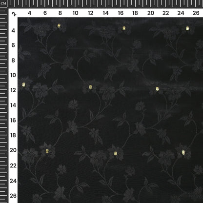 Plain Black Golden Booti Floral Jacquard Work Bemberg Silk Fabric