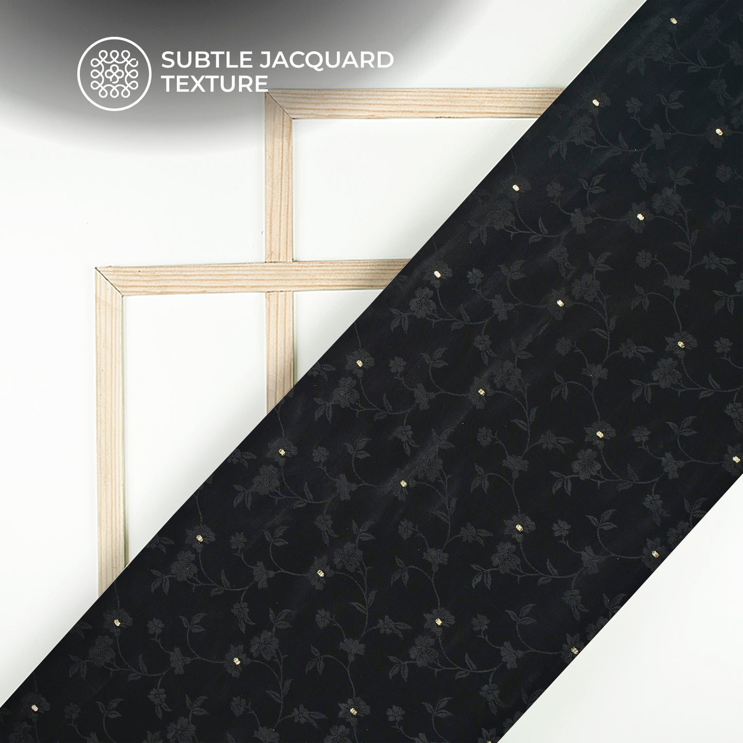 Plain Black Golden Booti Floral Jacquard Work Bemberg Silk Fabric