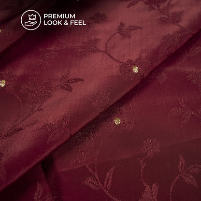 Plain Maroon  Golden Booti Floral Jacquard Work Bemberg Silk Fabric