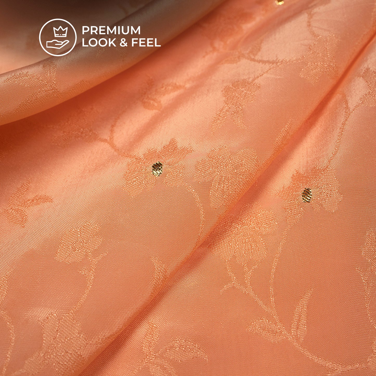 Plain Coral  Golden Booti Floral Jacquard Work Bemberg Silk Fabric