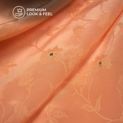 Plain Coral  Golden Booti Floral Jacquard Work Bemberg Silk Fabric