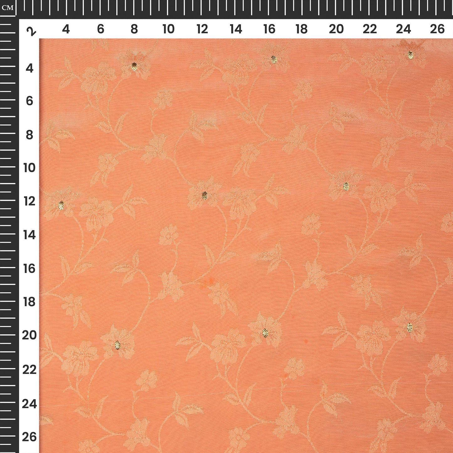 Plain Coral  Golden Booti Floral Jacquard Work Bemberg Silk Fabric