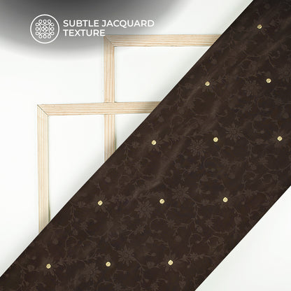 Plain Coffe Brown Golden Booti Floral Jacquard Work Bemberg Silk Fabric