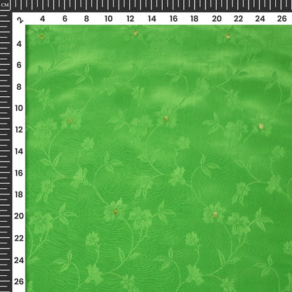 Plain Electric Green Golden Booti Floral Jacquard Work Bemberg Silk Fabric