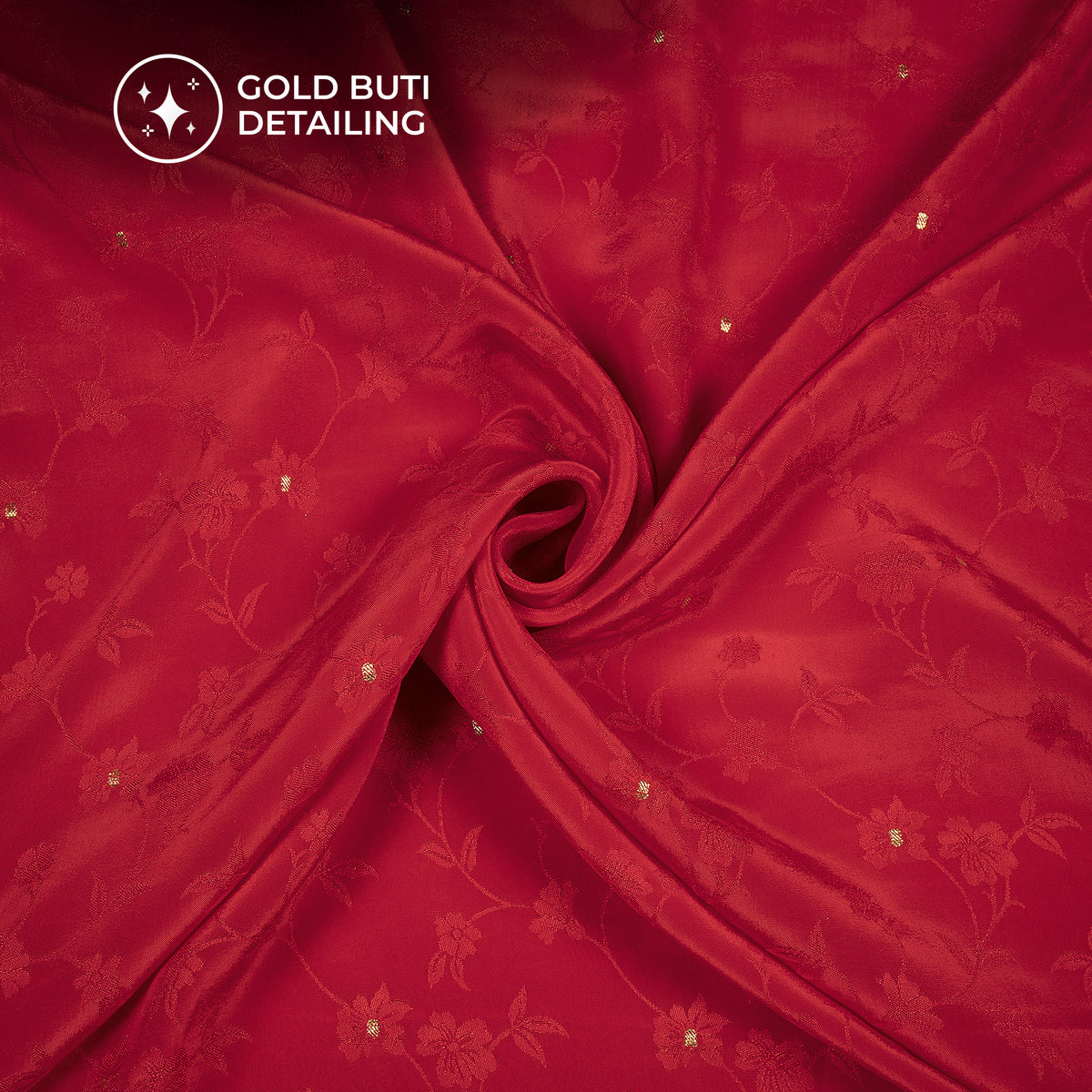 Plain Cherry Red Golden Booti Floral Jacquard Work Bemberg Silk Fabric