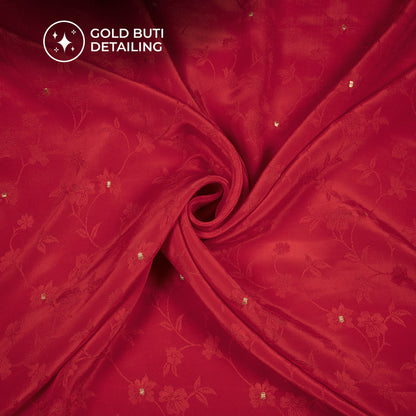Plain Cherry Red Golden Booti Floral Jacquard Work Bemberg Silk Fabric