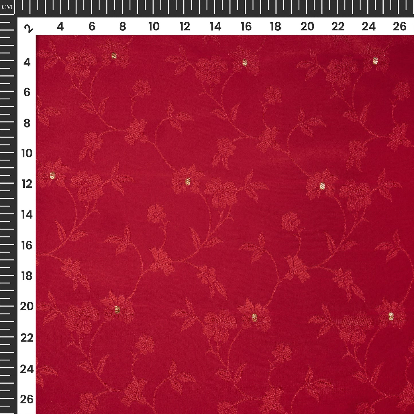 Plain Cherry Red Golden Booti Floral Jacquard Work Bemberg Silk Fabric