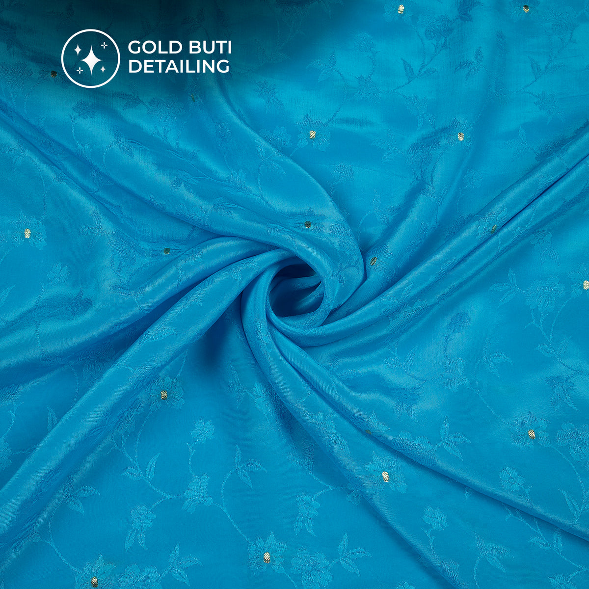 Plain Bright Blue Golden Booti Floral Jacquard Work Bemberg Silk Fabric