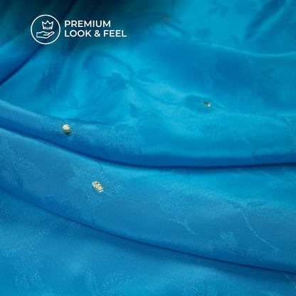 Plain Bright Blue Golden Booti Floral Jacquard Work Bemberg Silk Fabric