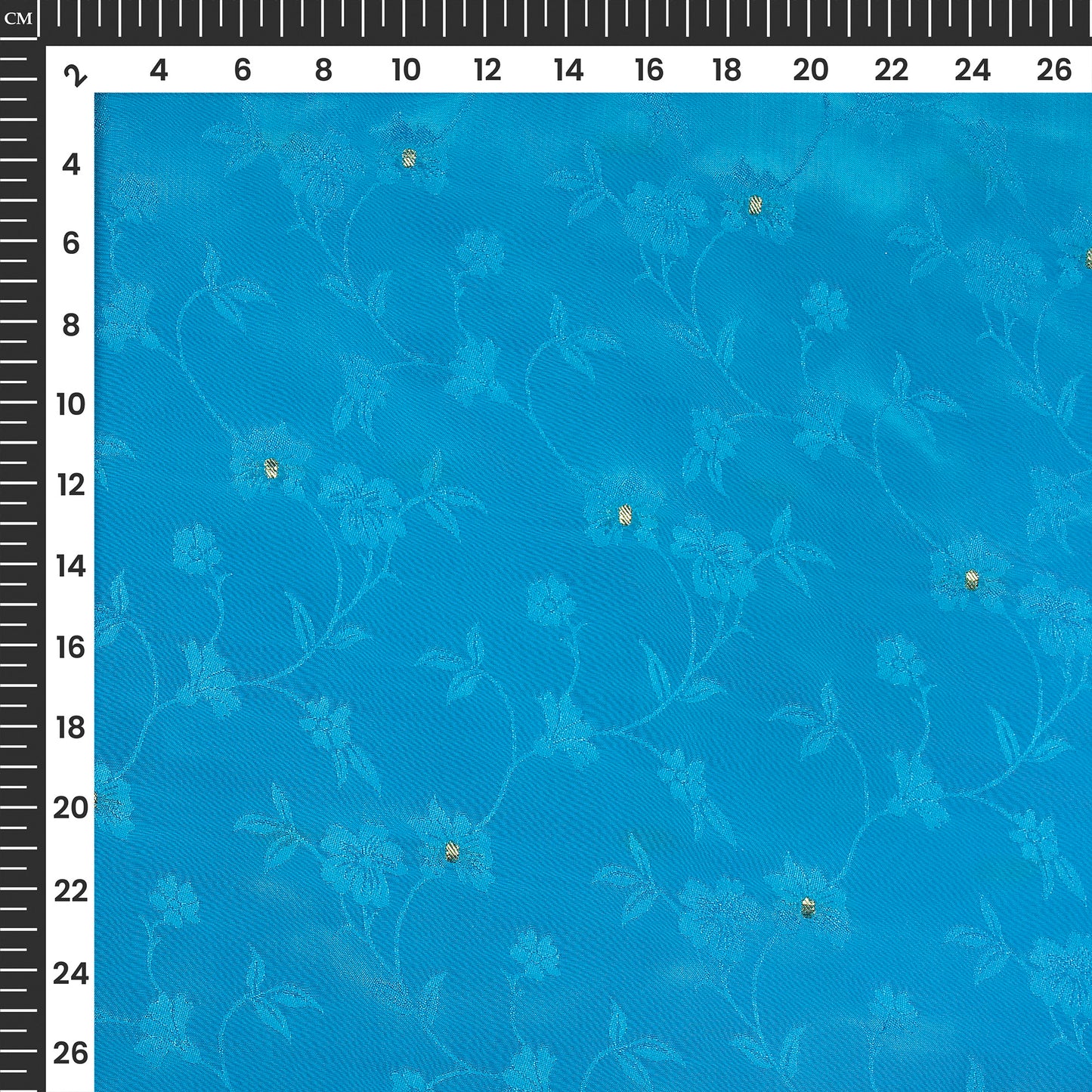Plain Bright Blue Golden Booti Floral Jacquard Work Bemberg Silk Fabric