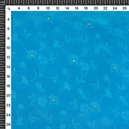 Plain Bright Blue Golden Booti Floral Jacquard Work Bemberg Silk Fabric