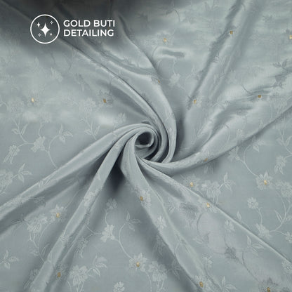 Plain Slate Grey Golden Booti Floral Jacquard Work Bemberg Silk Fabric