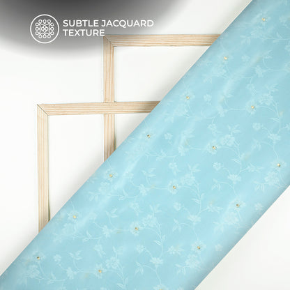 Plain Baby Blue Golden Booti Floral Jacquard Work Bemberg Silk Fabric