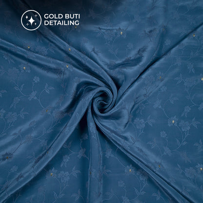Plain  Navy Blue Golden Booti Floral Jacquard Work Bemberg Silk Fabric