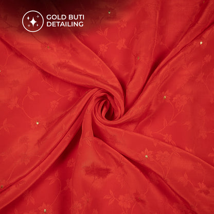 Plain Rose Red Golden Booti Floral Jacquard Work Bemberg Silk Fabric