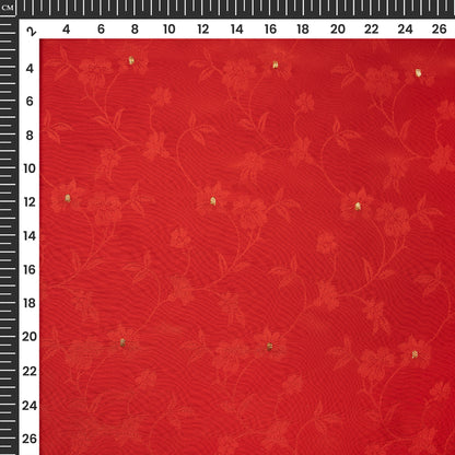 Plain Rose Red Golden Booti Floral Jacquard Work Bemberg Silk Fabric
