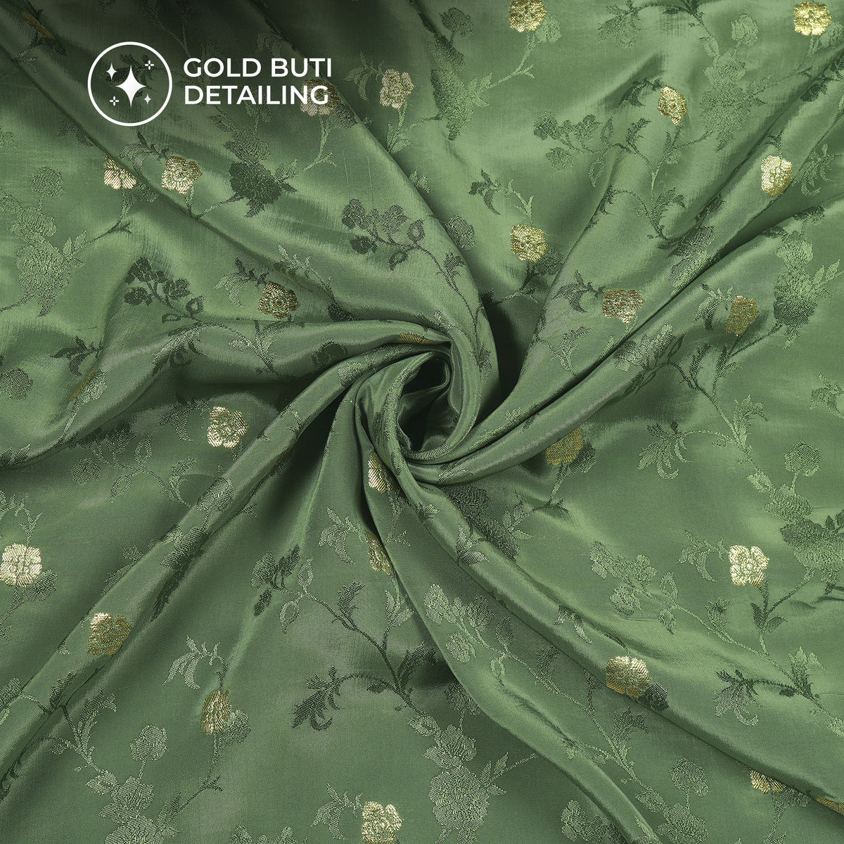 Plain Mehendi Golden Booti Floral Jacquard Work Bemberg Silk Fabric