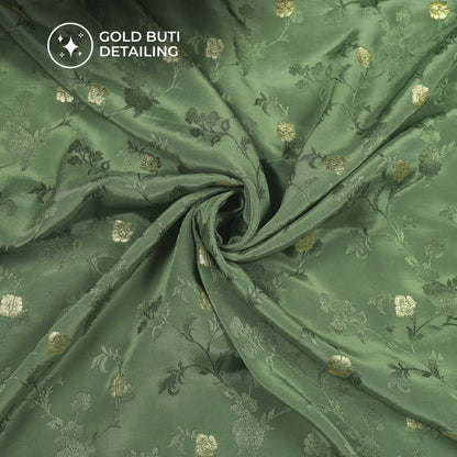 Plain Mehendi Golden Booti Floral Jacquard Work Bemberg Silk Fabric