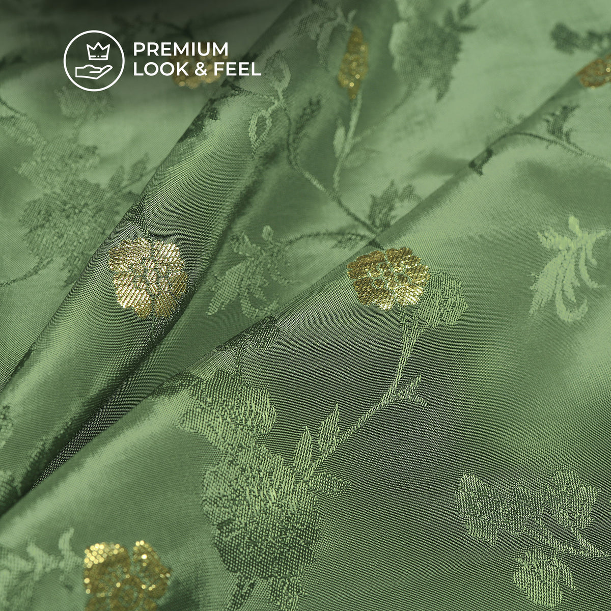 Plain Mehendi Golden Booti Floral Jacquard Work Bemberg Silk Fabric