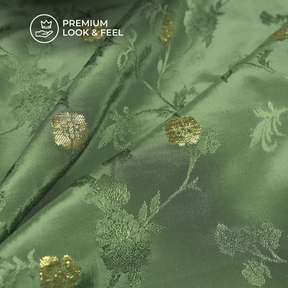 Plain Mehendi Golden Booti Floral Jacquard Work Bemberg Silk Fabric