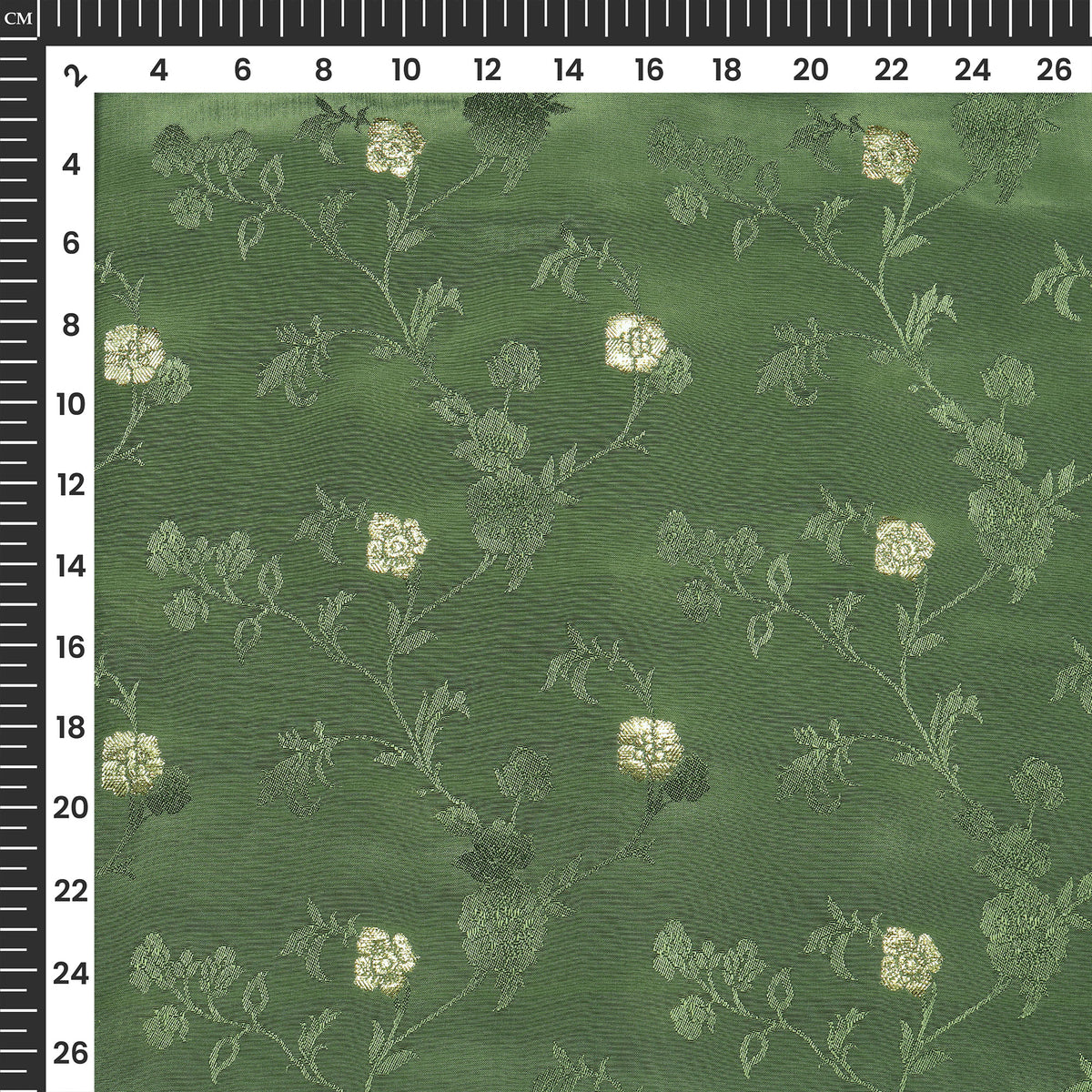 Plain Mehendi Golden Booti Floral Jacquard Work Bemberg Silk Fabric