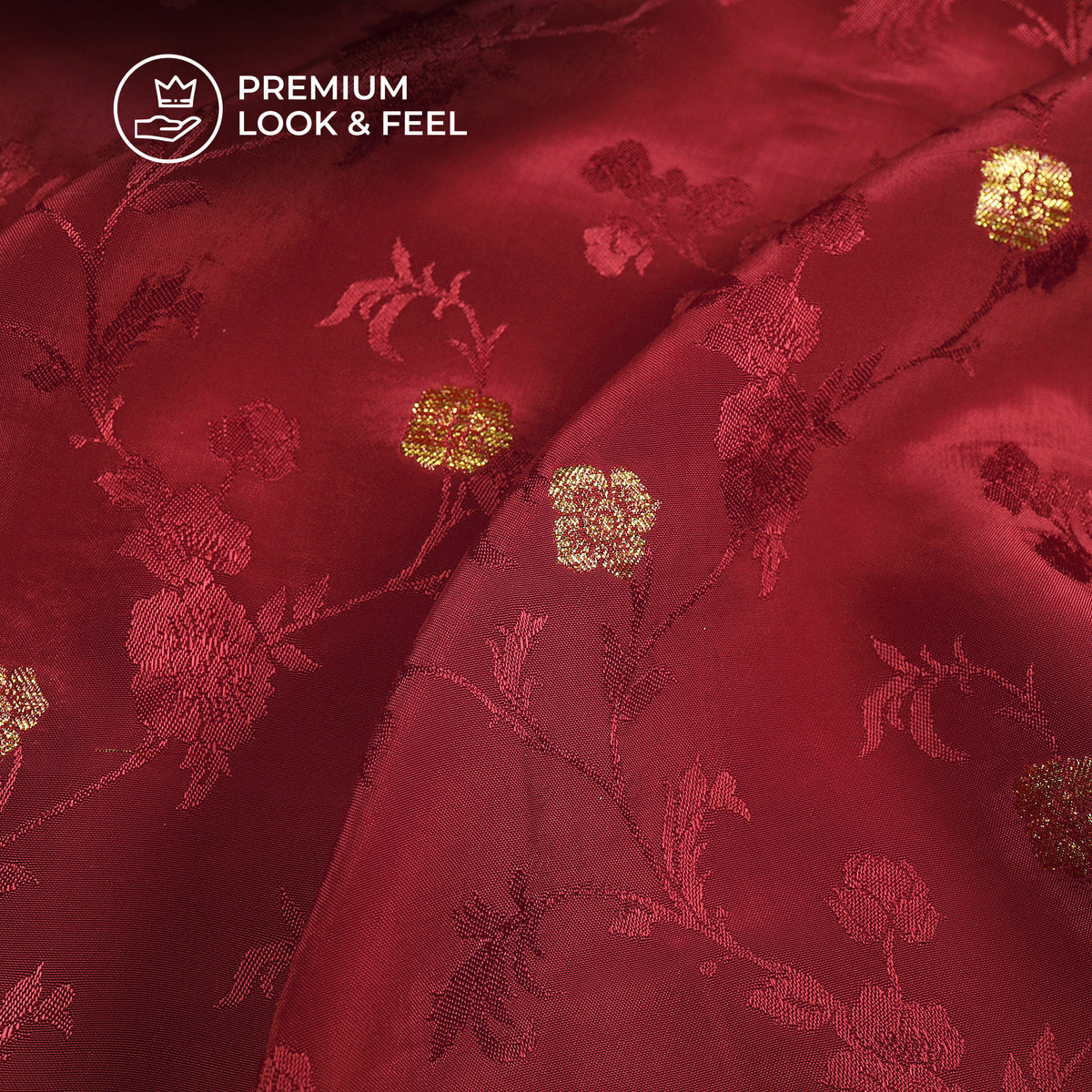 Plain Ruby Red Golden Booti Floral Jacquard Work Bemberg Silk Fabric
