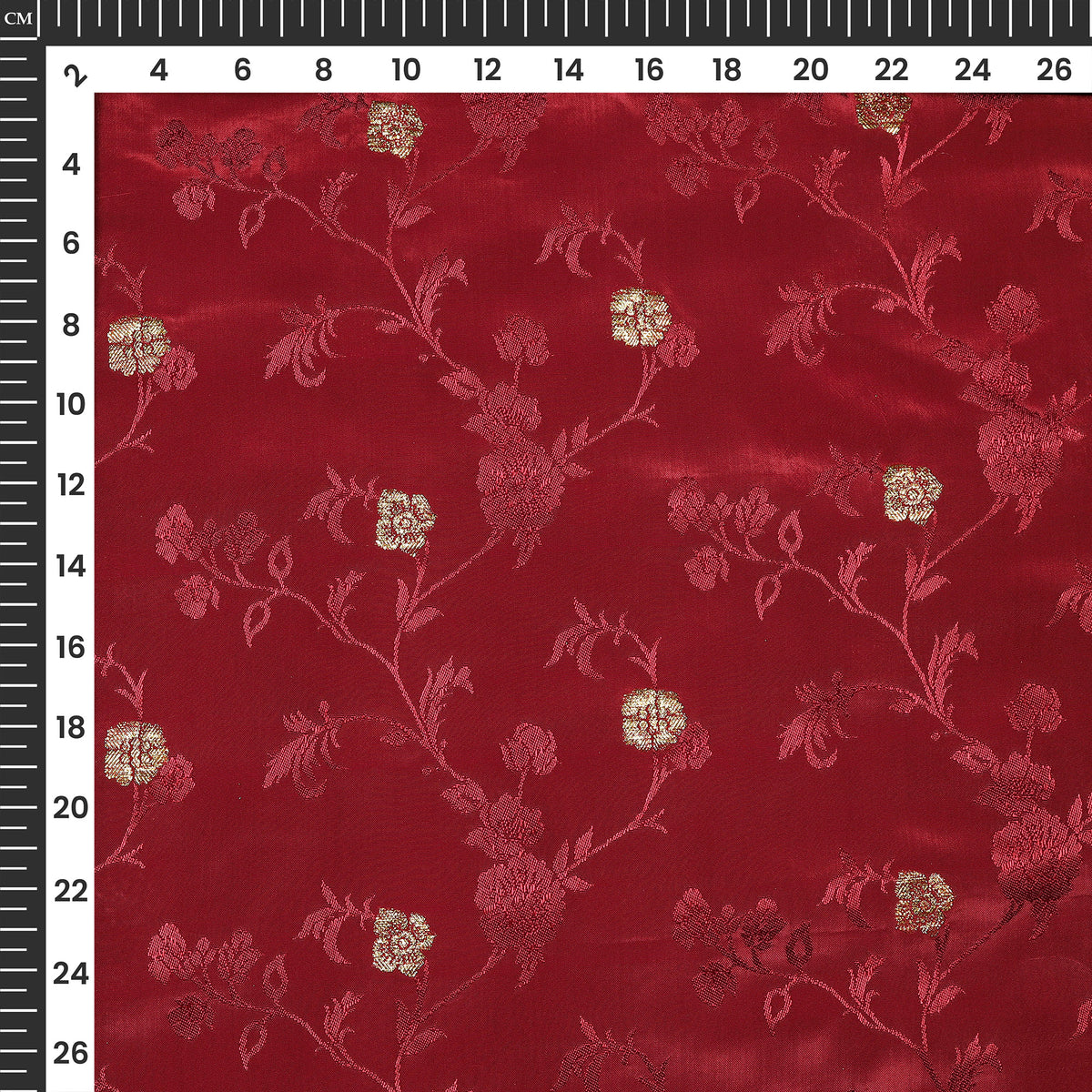 Plain Ruby Red Golden Booti Floral Jacquard Work Bemberg Silk Fabric