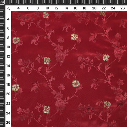 Plain Ruby Red Golden Booti Floral Jacquard Work Bemberg Silk Fabric