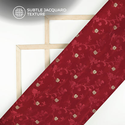 Plain Ruby Red Golden Booti Floral Jacquard Work Bemberg Silk Fabric