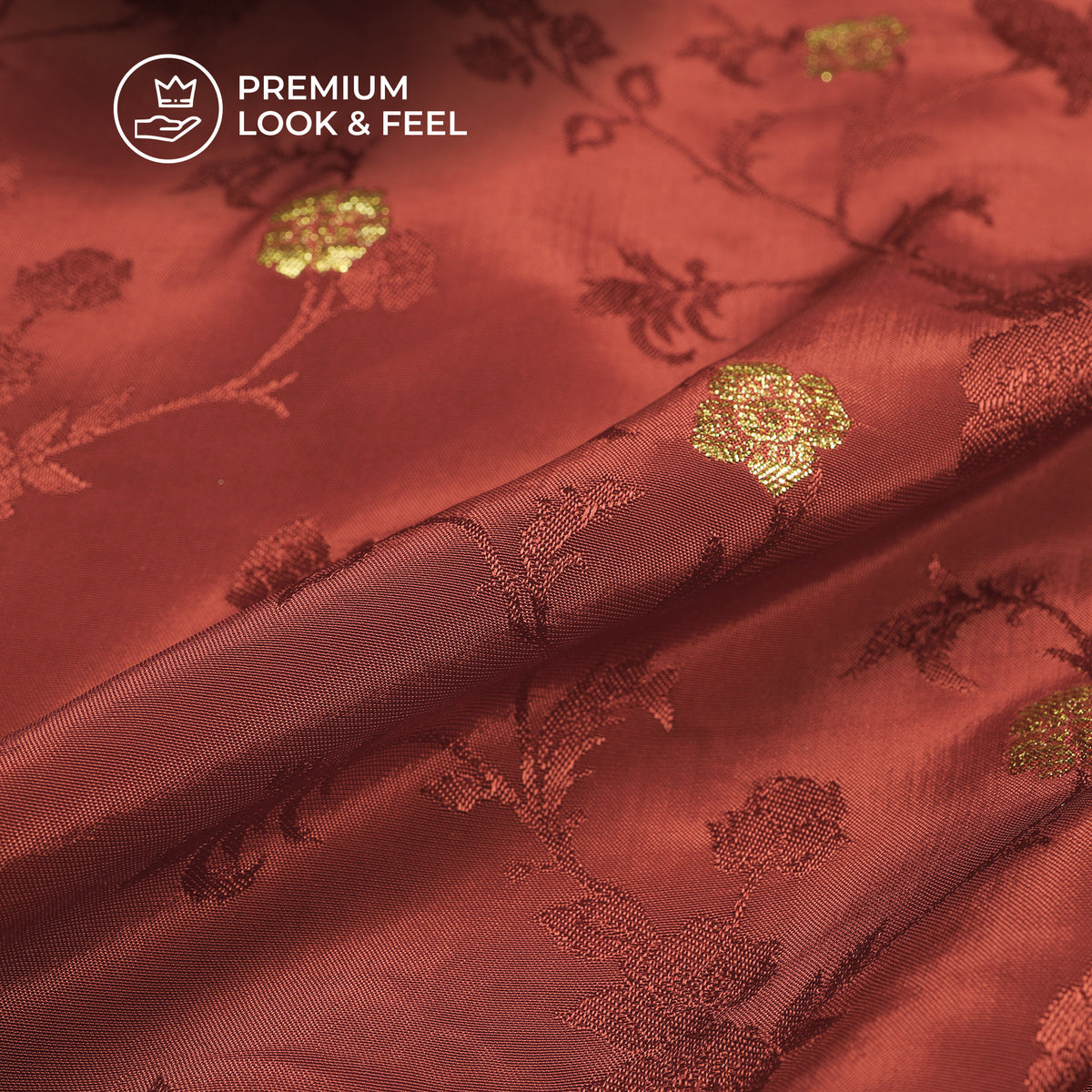 Plain Deep Maroon Golden Booti Floral Jacquard Work Bemberg Silk Fabric