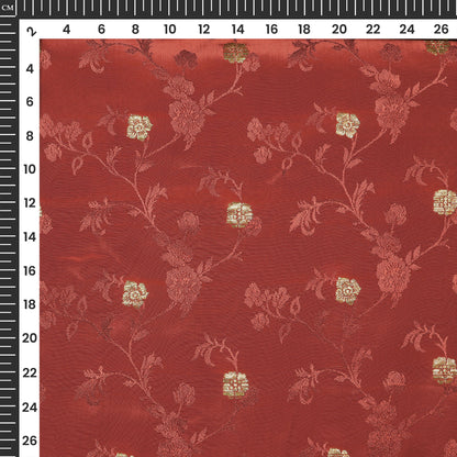 Plain Deep Maroon Golden Booti Floral Jacquard Work Bemberg Silk Fabric