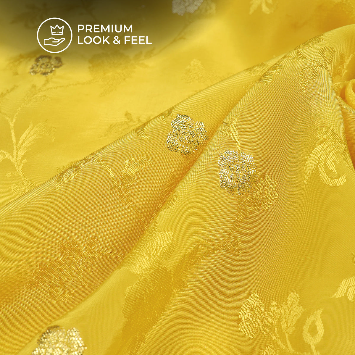 Plain Yellow  Golden Booti Floral Jacquard Work Bemberg Silk Fabric