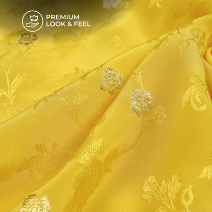 Plain Yellow  Golden Booti Floral Jacquard Work Bemberg Silk Fabric