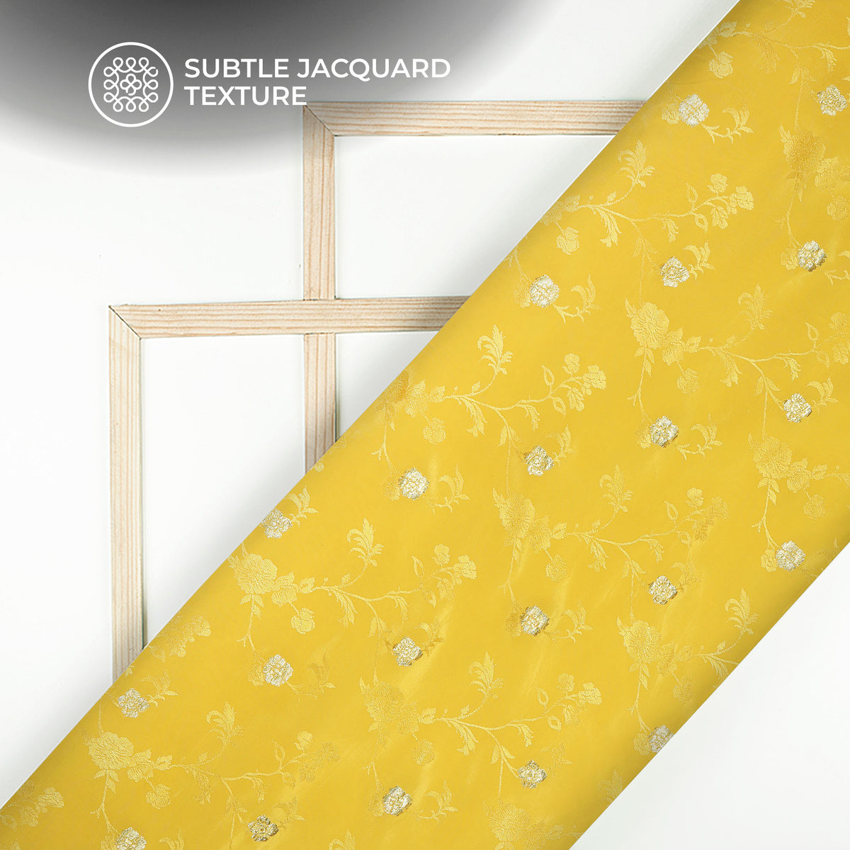 Plain Yellow  Golden Booti Floral Jacquard Work Bemberg Silk Fabric