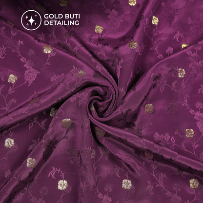 Plain Mulberry Purple  Golden Booti Floral Jacquard Work Bemberg Silk Fabric