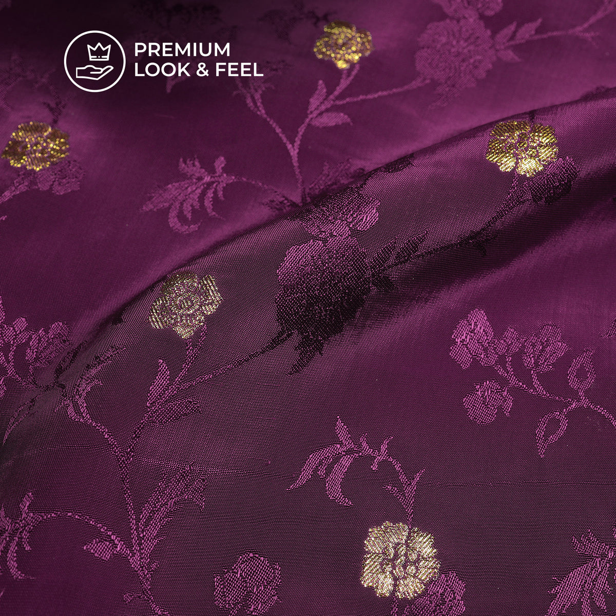 Plain Mulberry Purple  Golden Booti Floral Jacquard Work Bemberg Silk Fabric