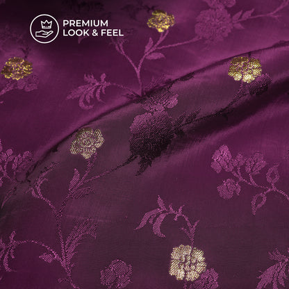 Plain Mulberry Purple  Golden Booti Floral Jacquard Work Bemberg Silk Fabric