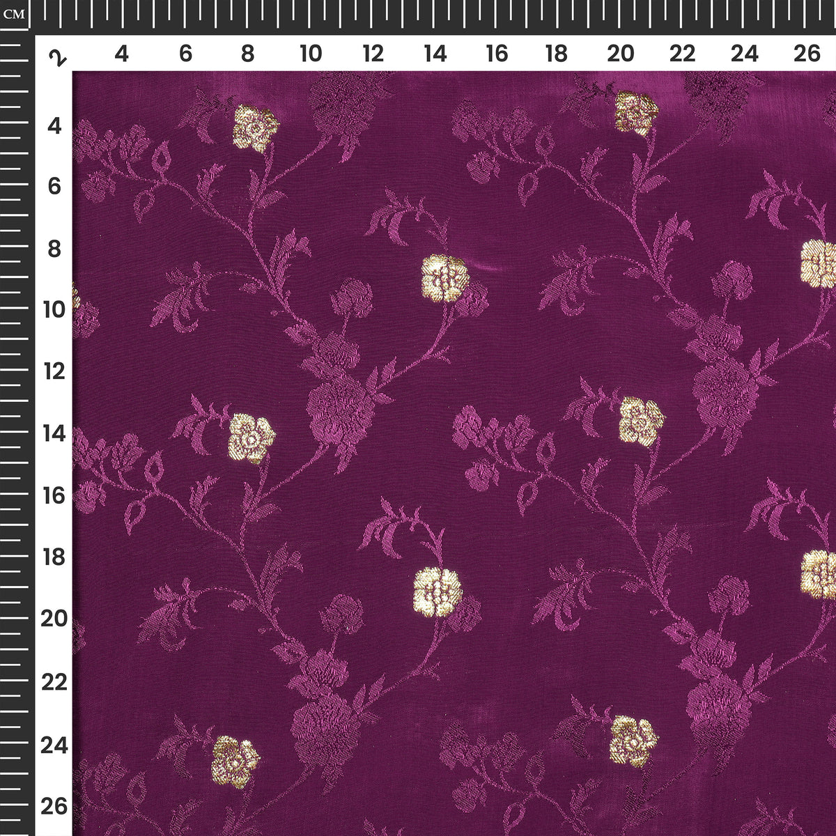 Plain Mulberry Purple  Golden Booti Floral Jacquard Work Bemberg Silk Fabric