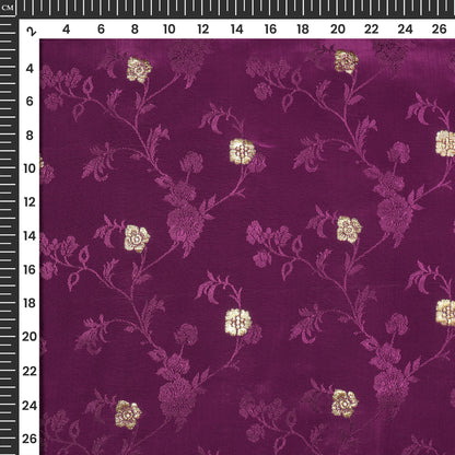 Plain Mulberry Purple  Golden Booti Floral Jacquard Work Bemberg Silk Fabric
