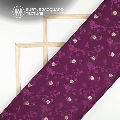 Plain Mulberry Purple  Golden Booti Floral Jacquard Work Bemberg Silk Fabric
