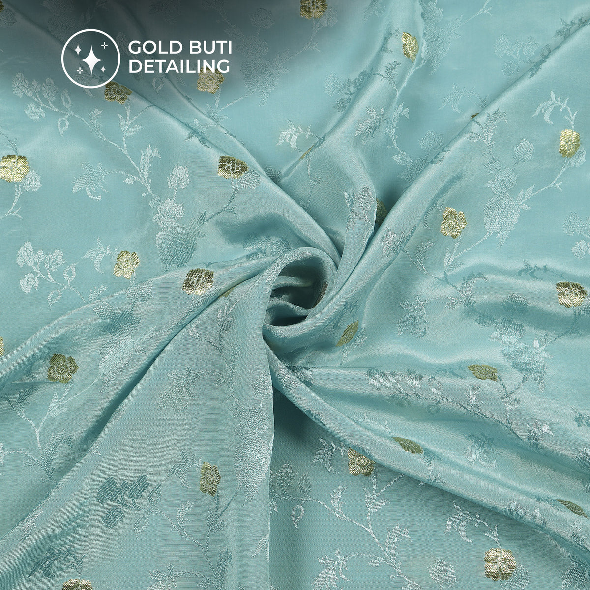 Plain Pastel Blue Golden Booti Floral Jacquard Work Bemberg Silk Fabric