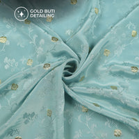 Plain Pastel Blue Golden Booti Floral Jacquard Work Bemberg Silk Fabric