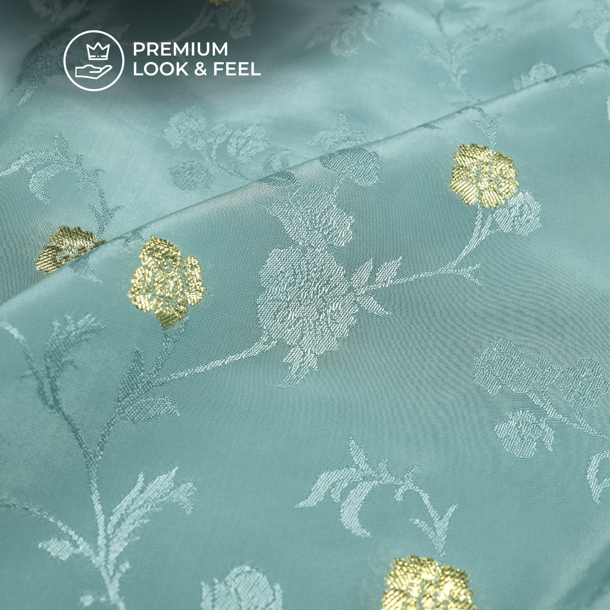 Plain Pastel Blue Golden Booti Floral Jacquard Work Bemberg Silk Fabric