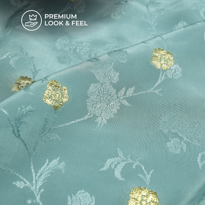 Plain Pastel Blue Golden Booti Floral Jacquard Work Bemberg Silk Fabric