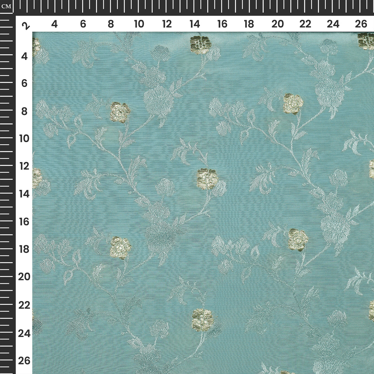 Plain Pastel Blue Golden Booti Floral Jacquard Work Bemberg Silk Fabric