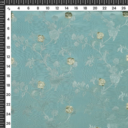 Plain Pastel Blue Golden Booti Floral Jacquard Work Bemberg Silk Fabric