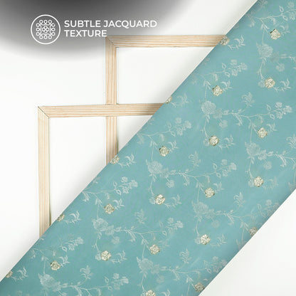 Plain Pastel Blue Golden Booti Floral Jacquard Work Bemberg Silk Fabric